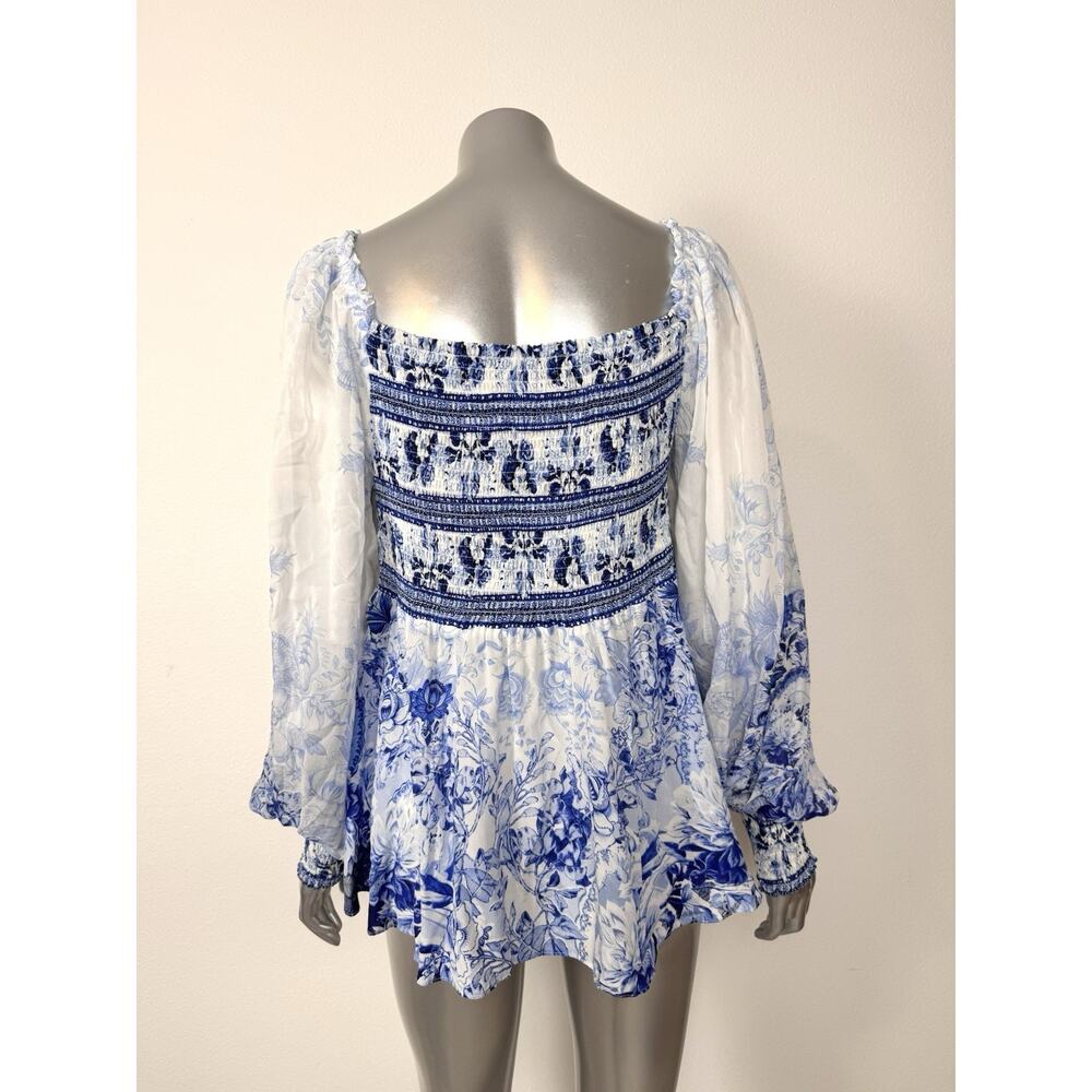 Camilla Silk Blouse Puff Sleeve Blue Floral Women’s Medium - Picture 5 of 10